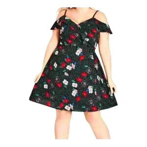 City Chic NWT Cold Shoulder Floral Spot Knee Length Wrap Dress Women’s 16